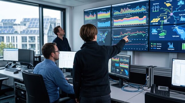 Team of engineers monitoring renewable energy data and solar power grid performance on large video wall screens in modern control center office building