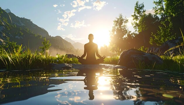 A serene silhouette meditates by a reflective pool at sunrise