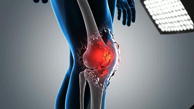 3D Illustrated Medical Knee Joint Pain Visualization Including Inflammation and Digital Treatment Technology for Healthcare and Wellness Concepts