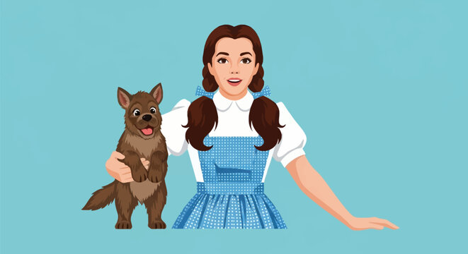 Vector illustration of a young woman with brown pigtail braids wearing a blue and white checkered dress holding a small brown terrier dog against a solid light blue background.