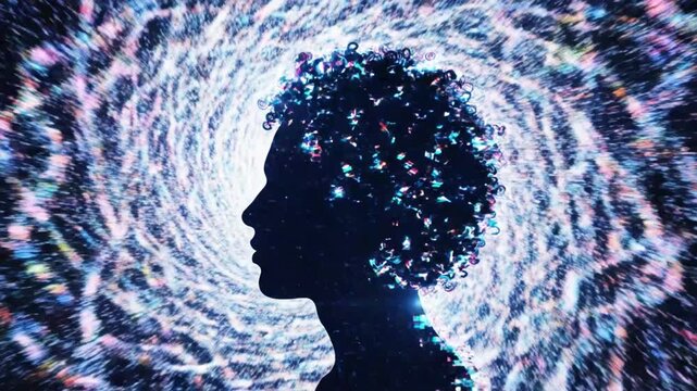 Silhouette of a person's head against a swirling galaxy background, representing consciousness and the universe.
