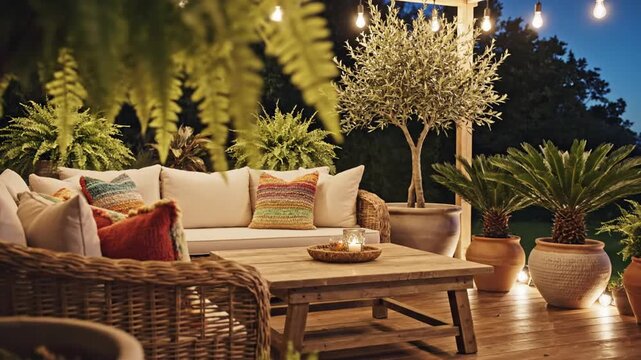 Evening outdoor patio lounge featuring a wicker sofa with cream cushions, colorful pillows, wooden coffee table, and potted plants illuminated by warm hanging string lights.