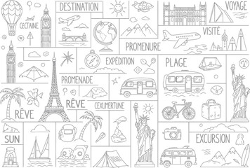 Naklejka premium Travel and adventure themed hand-drawn icon set with adventure landmark vacation destination transport exploration sightseeing collection international monument creative illustration