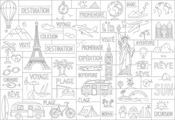 Obraz premium Travel and adventure themed hand-drawn icon set with adventure landmark vacation destination transportation sightseeing collection handdrawn illustration international vacationing monument