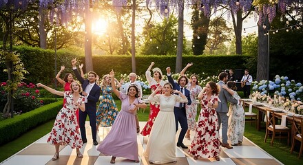 Naklejka premium Joyful Wedding Party Dancing Outdoors at Sunset in Beautiful Garden Setting