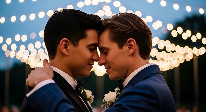 Happy Gay Couple Embracing During Romantic Wedding Reception Under String Lights