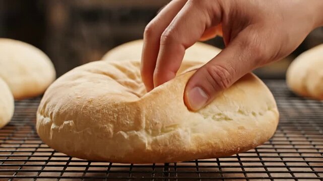 Close-Up Of A Hand Pressing Freshly Baked Artisan Bread Roll On A Cooling Rack, Showcasing Its Soft Golden Crust And Texture For Culinary Photography