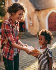 Obraz premium Medium shot of a cheerful volunteer handing a colorful book to a smiling child in a quaint church courtyard bathed in warm earth tones and soft cinematic lighting