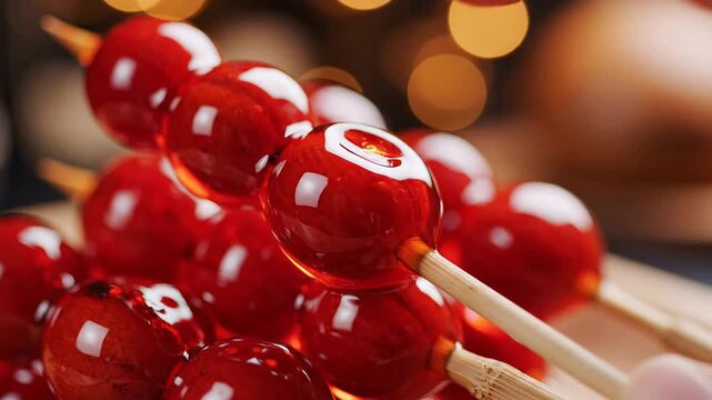 Close-Up of Hands Touching Delicious Red Glazed Fruit Skewers on Wooden Sticks with Bokeh Background for Culinary and Food Concepts