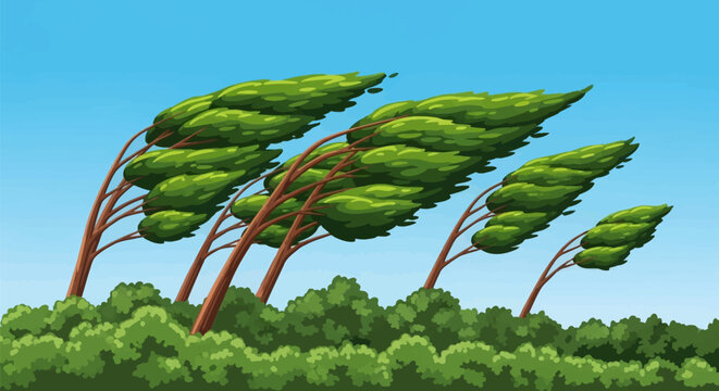Vector illustration of green deciduous trees and bushes bending under the force of strong wind against a clear blue sky background, showing motion and weather conditions.