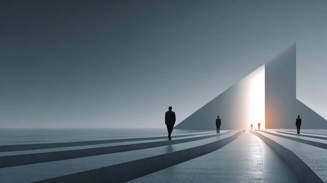giant upward arrow road sculpture, parallel human figures walking separate lanes, white infinity backdrop, soft gradient tones, modern corporate symbolism