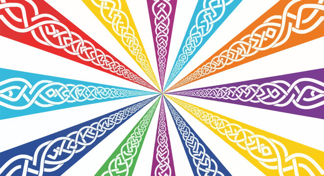 Vibrant radial sunburst with traditional Celtic knotwork patterns. Multicolored rays in red, yellow, blue, and purple interlace designs emerge from a central point on a white background.