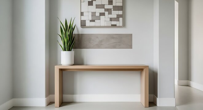 Modern Minimalist Hallway Entryway with Snake Plant on Console Table and Abstract Wall Art