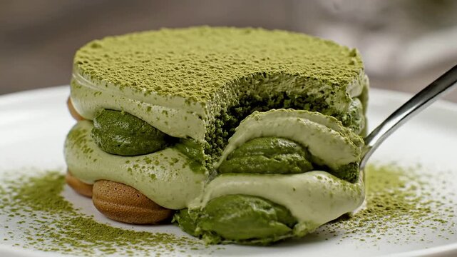 Delicious Matcha Layered Dessert with Creamy Green Tea Filling and Matcha Powder Garnish Served on a White Plate