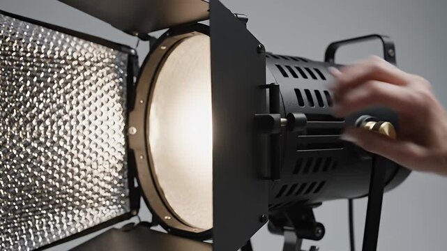 Person's hand adjusting a professional studio light in a studio
