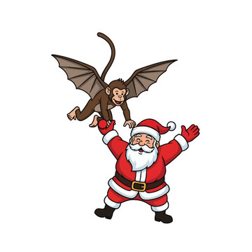 Cartoon vector illustration of a flying monkey with bat wings lifting Santa Claus by the hand. Father Christmas in red suit being carried by a mythical winged primate creature.