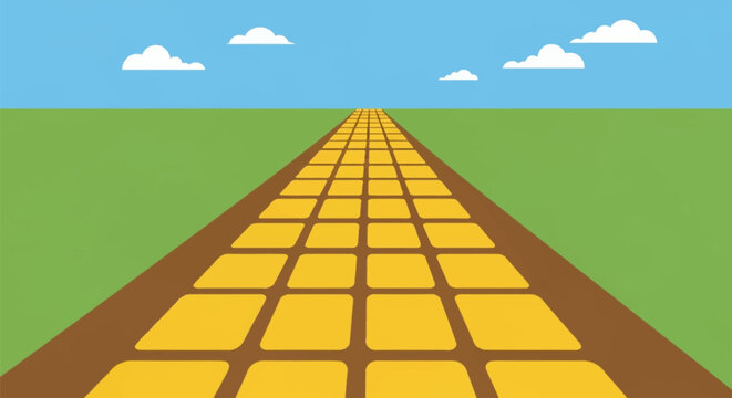 Flat vector illustration of a yellow brick road path stretching into the distance towards the horizon across a green field under a clear blue sky with white clouds in simple cartoon style.
