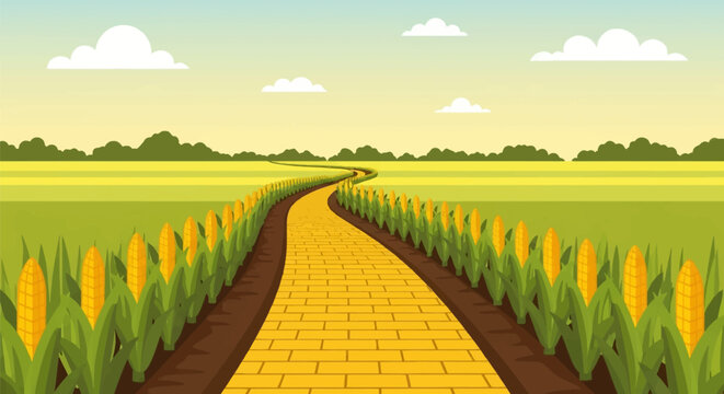 Flat vector illustration of a winding yellow brick road through a cornfield with ripe corn stalks, green leaves, and rural landscape under a clear blue sky with white clouds