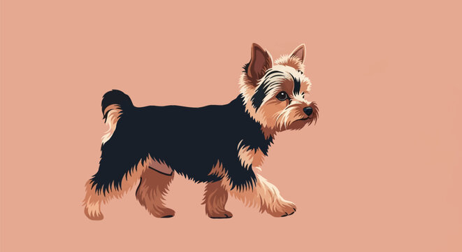 Stylized vector illustration of a Yorkshire Terrier dog in mid-stride, side profile view of a purebred Yorkie puppy with long black and tan fur coat on a peach background.