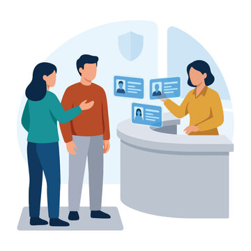 Flat vector people verifying ids at a desk.