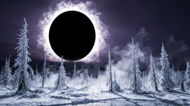 Solar Eclipse in Winter Landscape Scene.