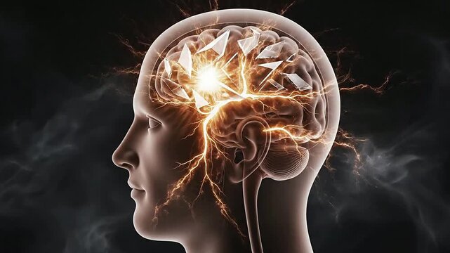 Dynamic Brain Activity Illustration With Electrical Sparks Representing Cognitive Processes Against Dark Background