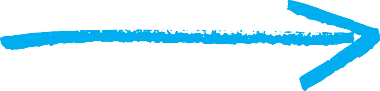 Bright blue hand drawn arrow pointing to the right isolated on transparent background