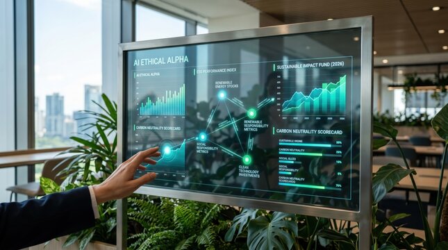 Hand touching interactive display showing AI ethical alpha and carbon neutrality scorecard, visualizing sustainable impact fund and renewable energy investments.