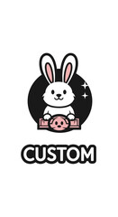 Fototapeta premium Cute cartoon bunny character holding a custom emblem with text