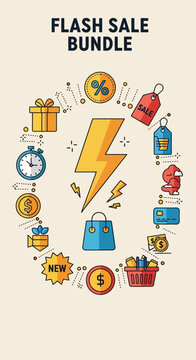 Flash Sale Bundle: Lightning Bolt, Shopping Bag, Gifts, Sale Tags, Coins, Credit Card