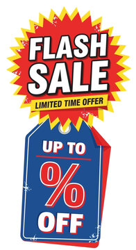 Flash Sale Limited Time Offer Up to % Off, Red Yellow Starburst and Blue Tag