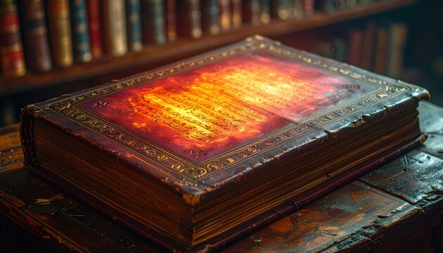 An ancient Coptic codex bound in leather lies open to a page of elaborate script and intricate decorative illumination.