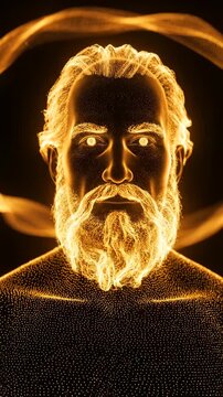bearded man formed from glowing particles in profile view, abstract digital environment, adult male figure, side composition, focused atmosphere, concept of digital identity, data visualization