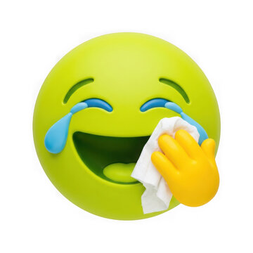 Emoticon crying with tissue laughing hard happy face expression transparent background