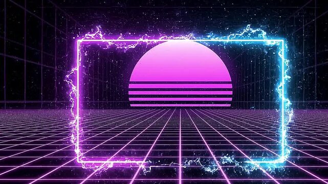 Neon frame glows with vibrant pink and blue electric energy lines floating in a digital grid environment, representing a retro eighties aesthetic style for modern creatives.