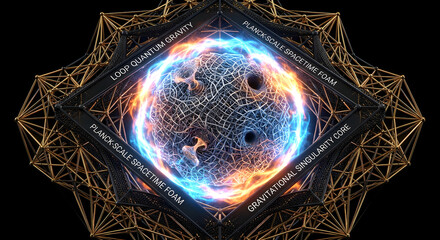 Obraz premium Futuristic Hi-Tech UI Wallpaper featuring 3D Loop Quantum Gravity Processor with Planck-Scale Spacetime Foam 