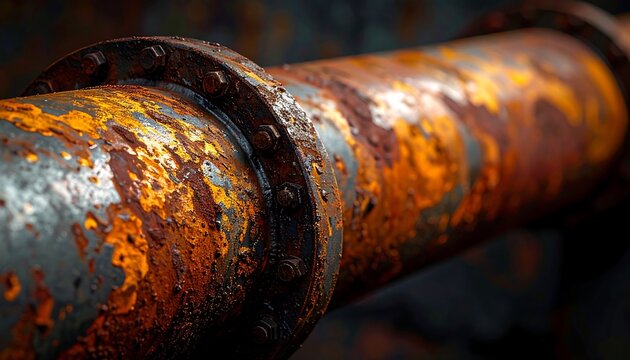 Close-up of a rusty metal pipe with bolted flanges against a dark background shows texture and age