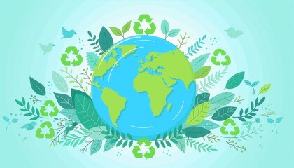 Naklejka premium Planet Earth surrounded by trees, plants and recycling symbols, World Environment Day celebration, clean vector illustration.