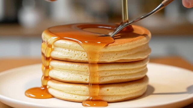 Fluffy Pancakes Stacked With Golden Maple Syrup Drizzle Perfect For Breakfast Cuisine And Culinary Presentation