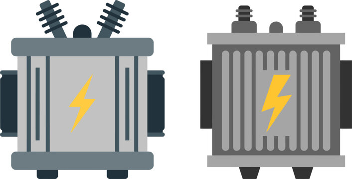Vector illustration of two electrical transformers with yellow lightning bolts