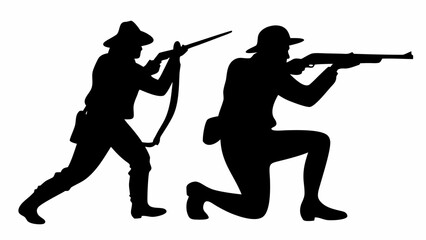 Obraz premium Silhouette of two soldiers in uniform aiming rifles