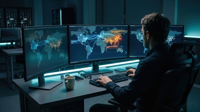 Cybersecurity analyst monitoring global network threats on multi-monitor setup in dark control room, world map with attack vectors, real-time data visualization