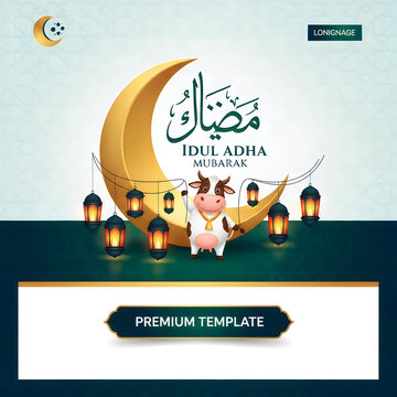Idul adha mubarak premium template featuring cartoon cow character with golden crescent moon and glowing lamp lanterns.