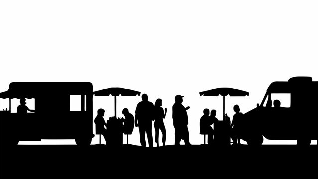 Silhouette of people eating at food trucks