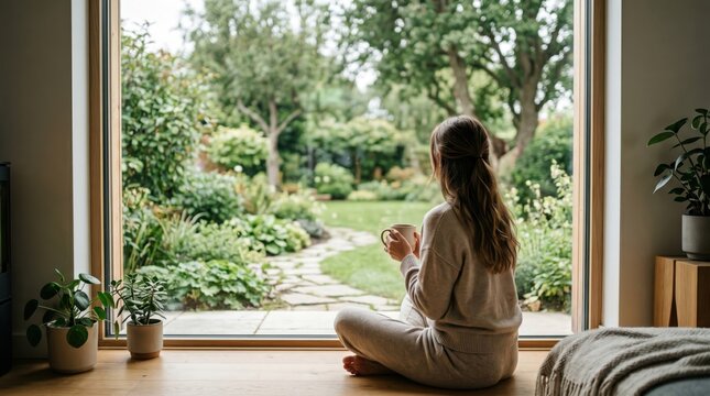 Woman relaxing at home sitting on floor by large window holding coffee mug, looking out at lush green garden with stone path