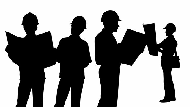 Silhouettes of construction workers or engineers holding blueprints