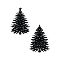 Obraz premium Christmas tree black silhouette vector icons set, evergreen pine trees with star and snow ornament details, isolated on a white background.