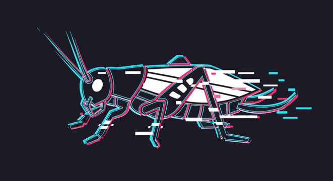 Glitch art grasshopper illustration with digital distortion effect on dark background