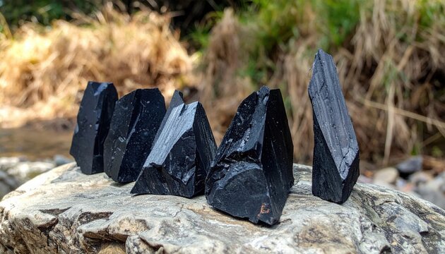 Rough hewn obsidian shards arranged on natural river stone with blurred natural background