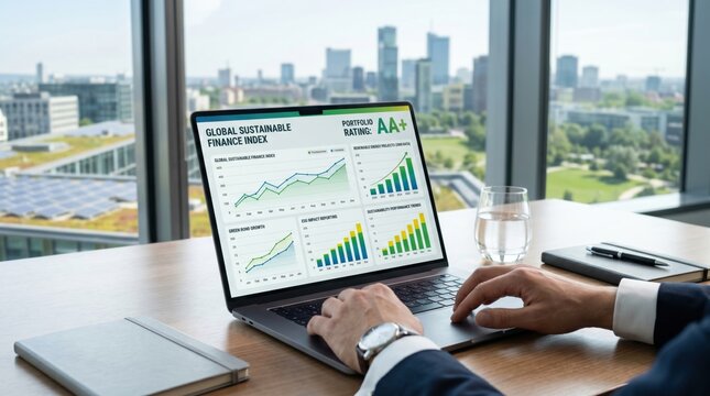 Close up of hands typing on laptop showing global sustainable finance index and portfolio rating AA plus, investment analysis, stock market trends